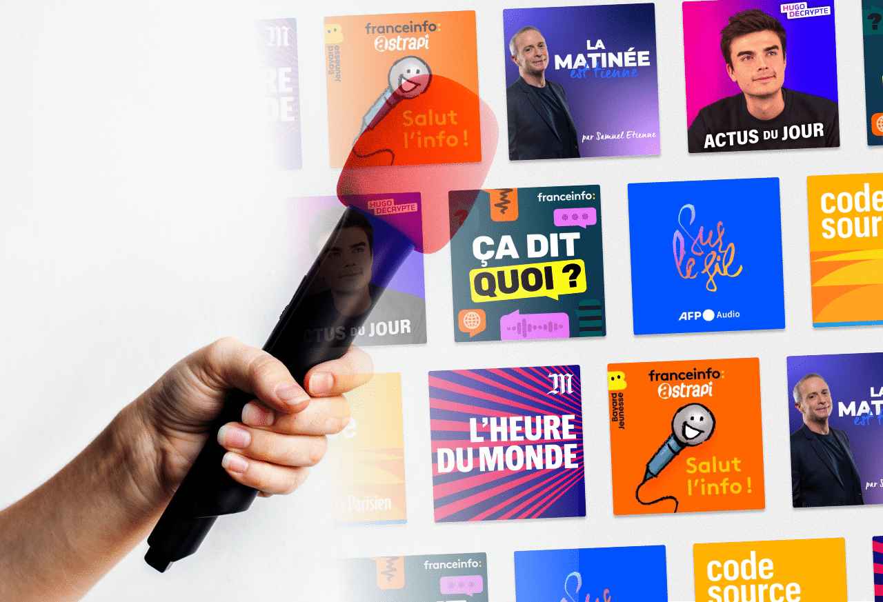 grille de vignettes de podcasts ainsi qu'un micro d'interview